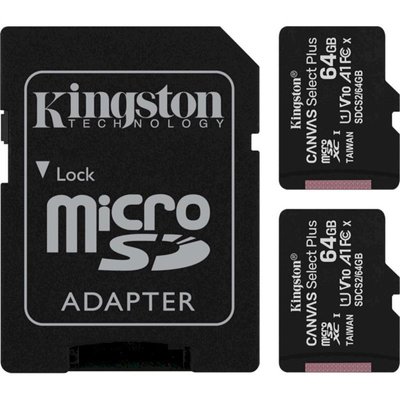 Карта пам`яті MicroSDXC 2x64GB UHS-I Class 10 Kingston Canvas Select Plus R100MB/s + SD-адаптер (SDCS2/64GB-2P1A) SDCS2/64GB-2P1A фото