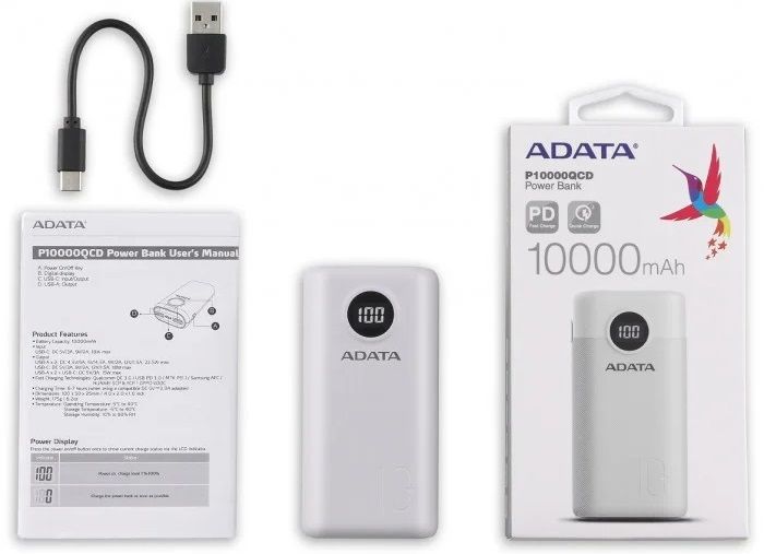 Універсальна мобільна батарея A-DATA P10000QCD 10000mAh White (AP10000QCD-DGT-CWH) AP10000QCD-DGT-CWH фото
