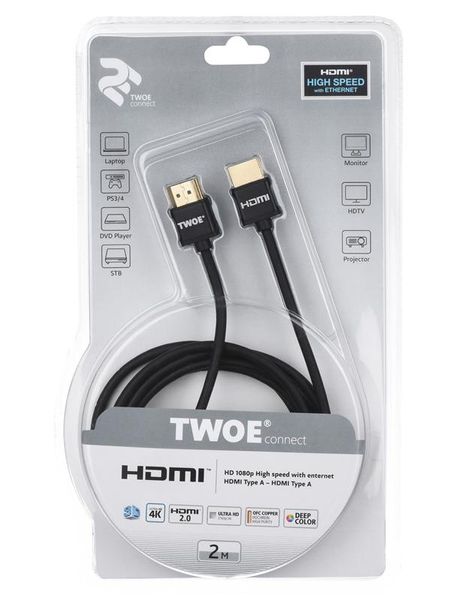 Кабель 2E Ultra Slim HDMI - HDMI V 2.0 (M/M), 2 м, чорний (2EW-1119-2m) 2EW-1119-2m фото