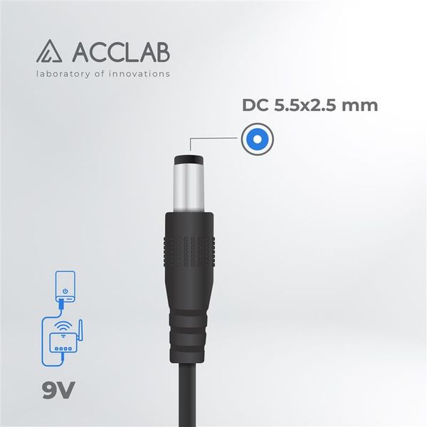 Кабель живлення ACCLAB USB - DC (M/M), 5.5х2.1 мм, 9V, 1A, 1 м, Black (1283126552830) 1283126552830 фото