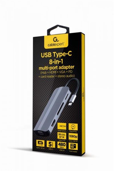 Док-станція Cablexpert USB-C 8-в-1 (A-CM-COMBO8-02) USB 3.0/HDMI//VGA/PD/картридер/стерео-аудіо A-CM-COMBO8-02 фото