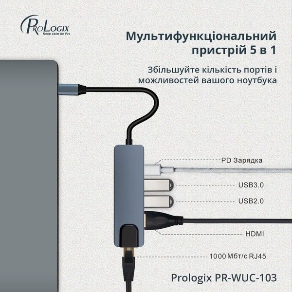 Док-станція ProLogix (PR-WUC-103B) 5 in 1 USB3.1 Type C to HDMI+2*USB3.0+USB C PD+Lan PR-WUC-103B фото