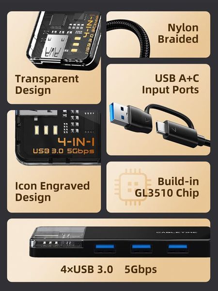 Концентратор Cabletime USB Type C - 4 Port USB 3.0, 0.15 cm (CB03B) CB03B фото