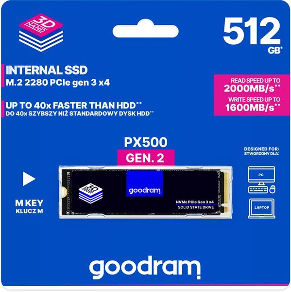 Накопичувач SSD 512GB GOODRAM PX500 M.2 2280 PCIe 3.0 x4 NVMe 3D TLC (SSDPR-PX500-512-80-G2) SSDPR-PX500-512-80-G2 фото